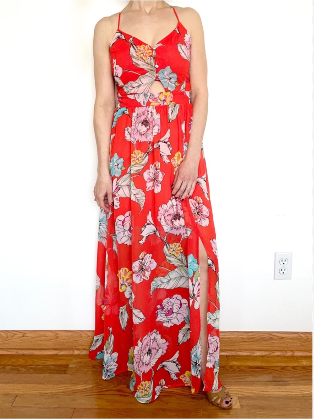 Candies Red Floral Maxi Dress XS Tropical Cutout Smocked Back Summer Sun Dress